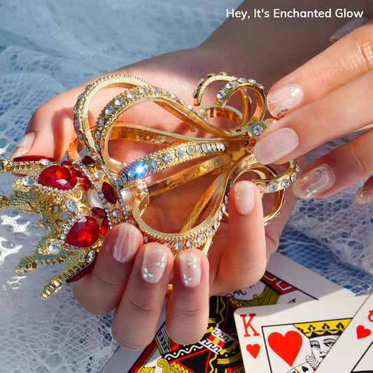 heyhae close-up of strip pattern displaying white floral and orange-silver glitter shine