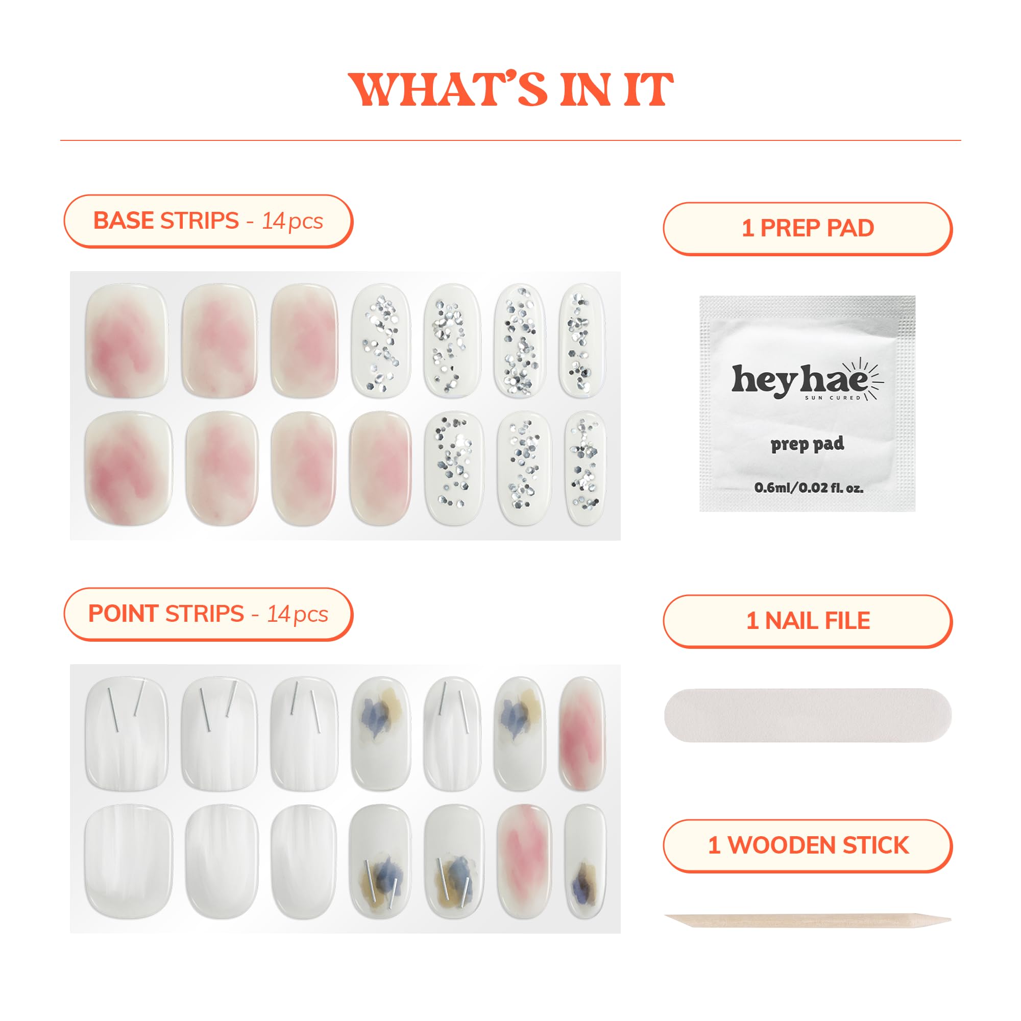 heyhae kit contents with 28 strips prep pad file and wooden stick for convenience