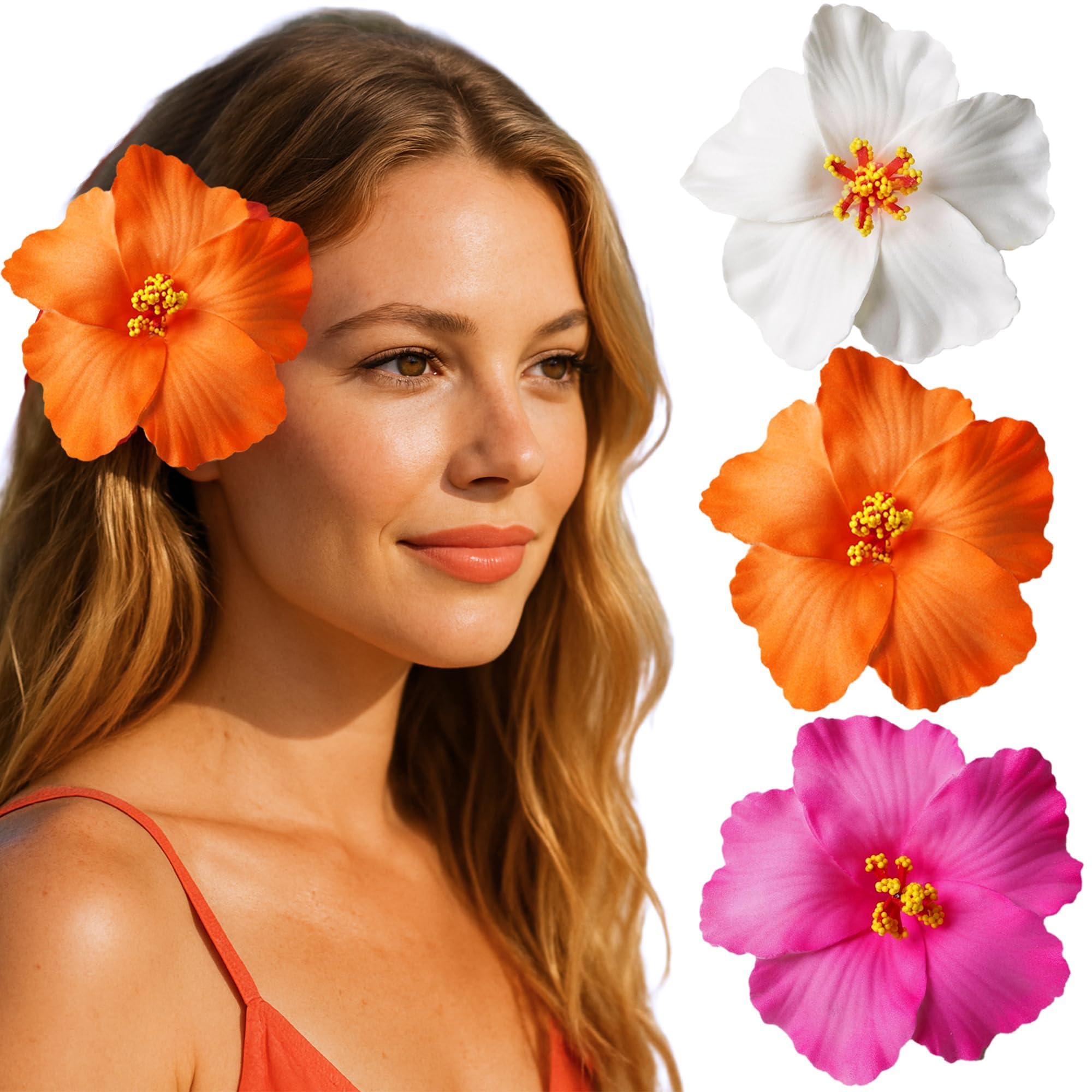 heyiminy front view of three flower clips showing bright tropical colors and easy styling benefit