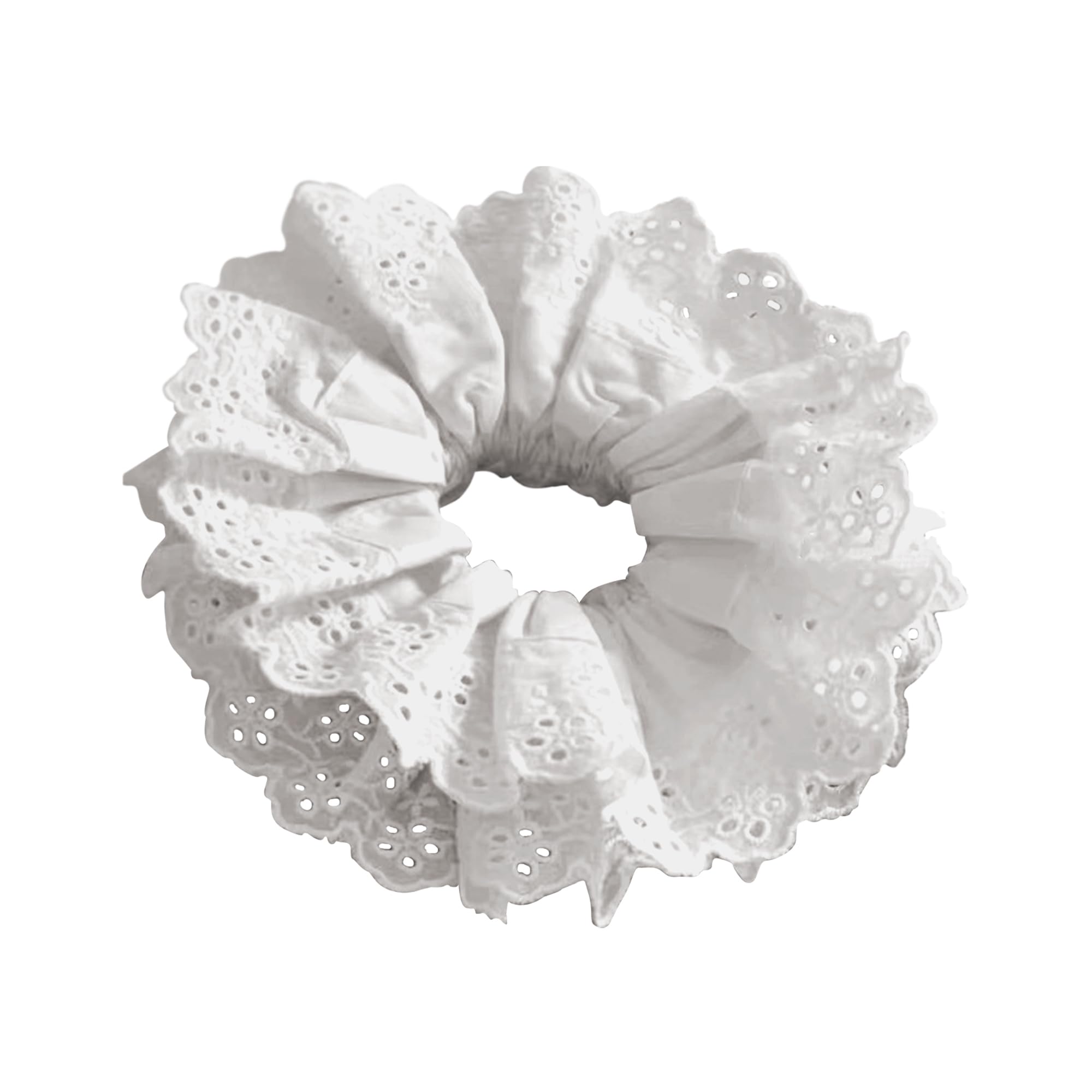 Heyiminy front view white lace scrunchie showing elegant shape and versatile styling