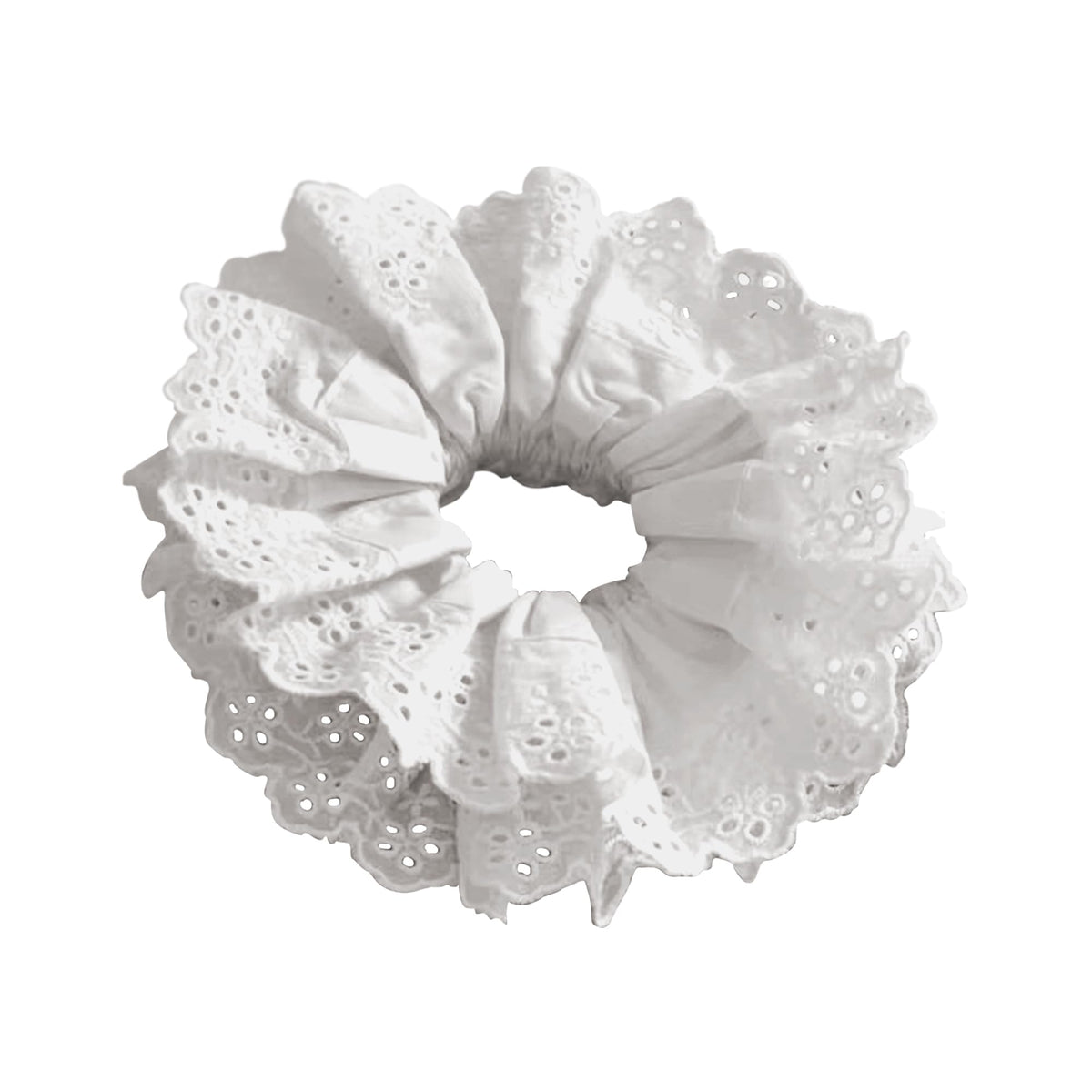 Heyiminy front view white lace scrunchie showing elegant shape and versatile styling