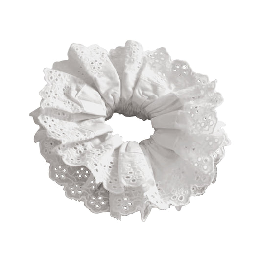 Heyiminy front view white lace scrunchie showing elegant shape and versatile styling
