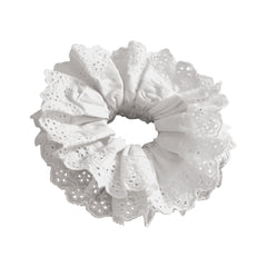 Heyiminy front view white lace scrunchie showing elegant shape and versatile styling