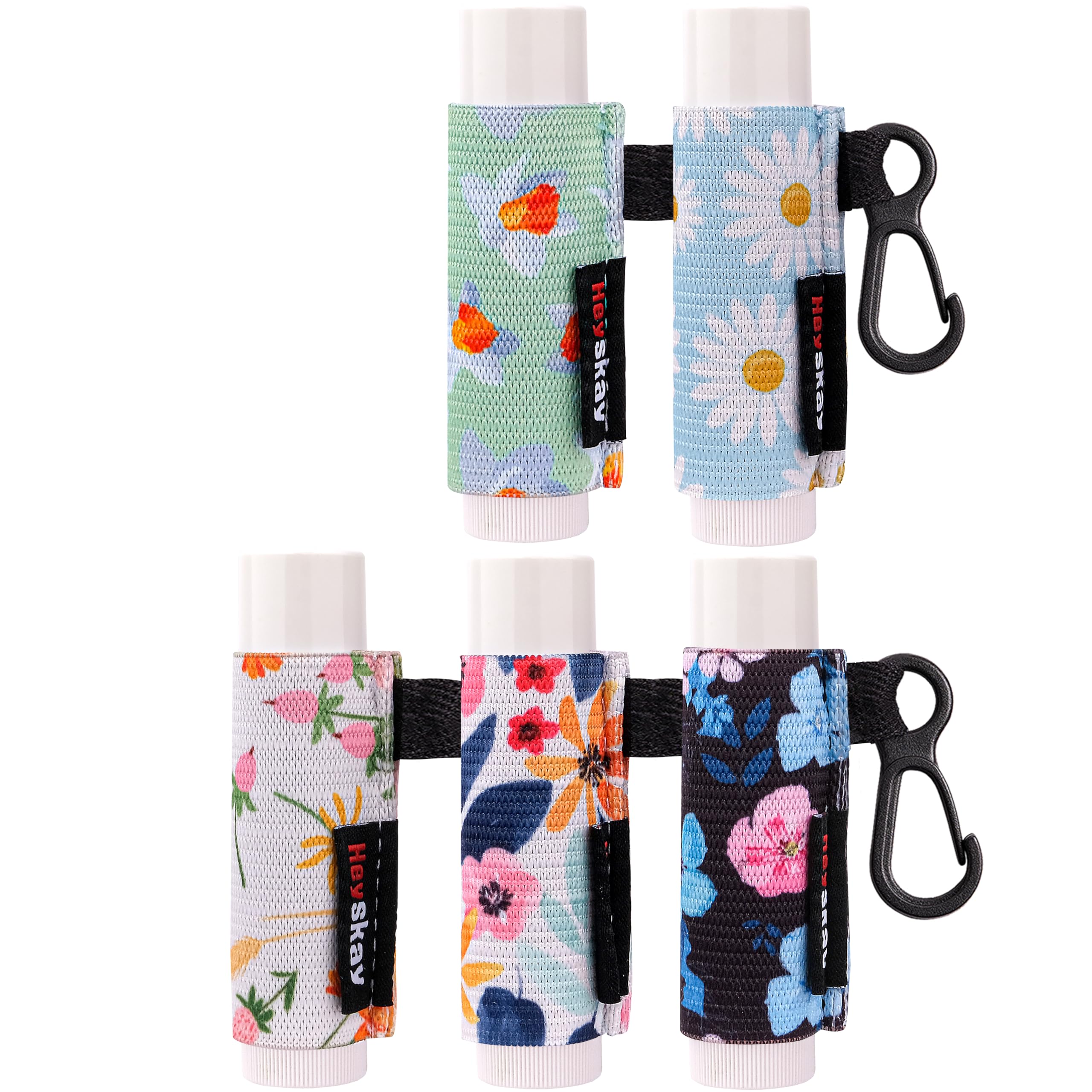 HEYSKAY front view of five floral clip-on lip balm holders showing variety and portability