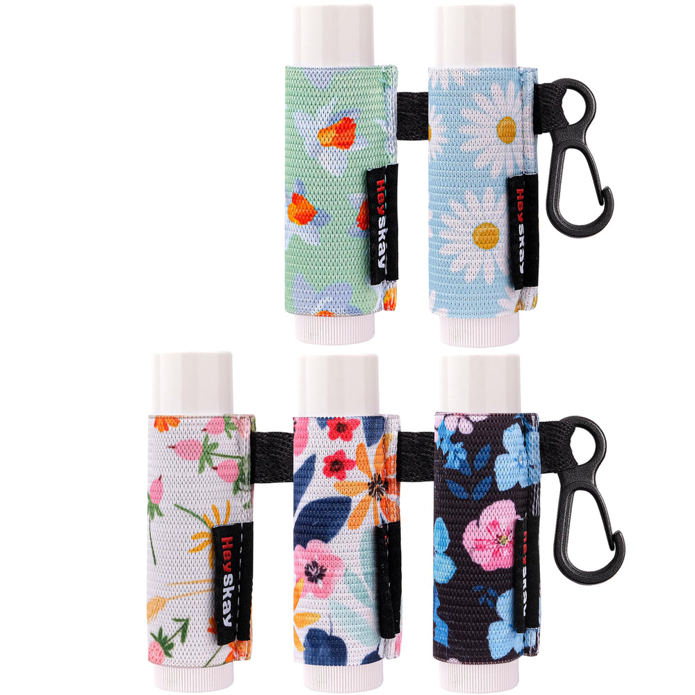 HEYSKAY front view of five floral clip-on lip balm holders showing variety and portability