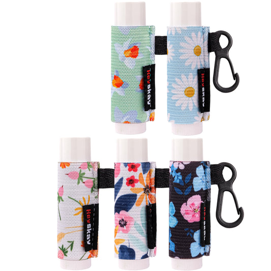 HEYSKAY front view of five floral clip-on lip balm holders showing variety and portability