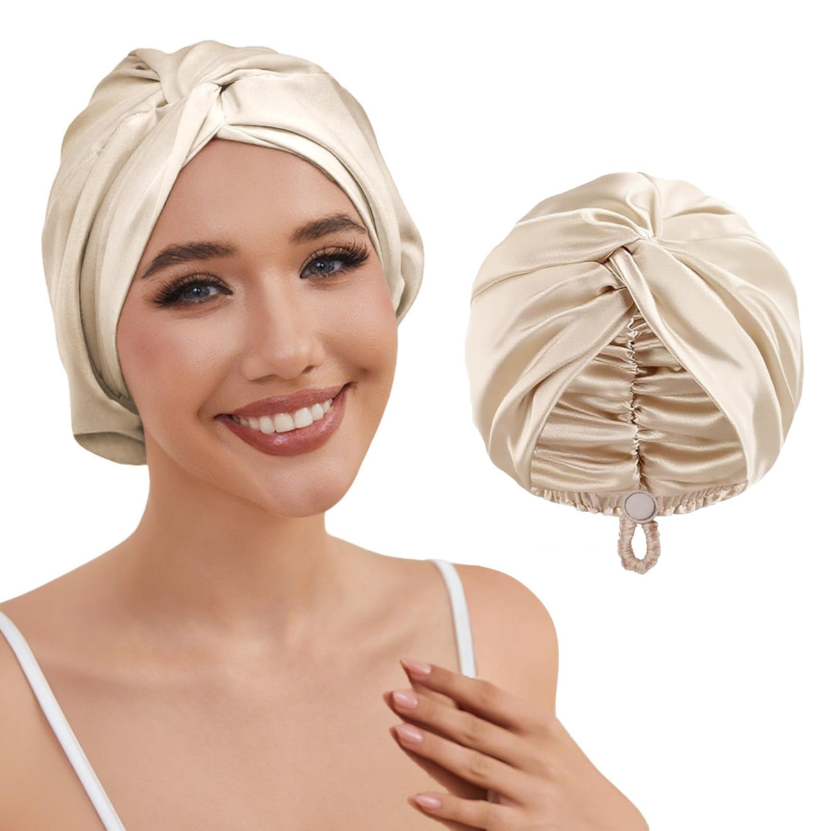 HFRHTGY champagne bonnet front view showing fit and finish for gentle hair protection