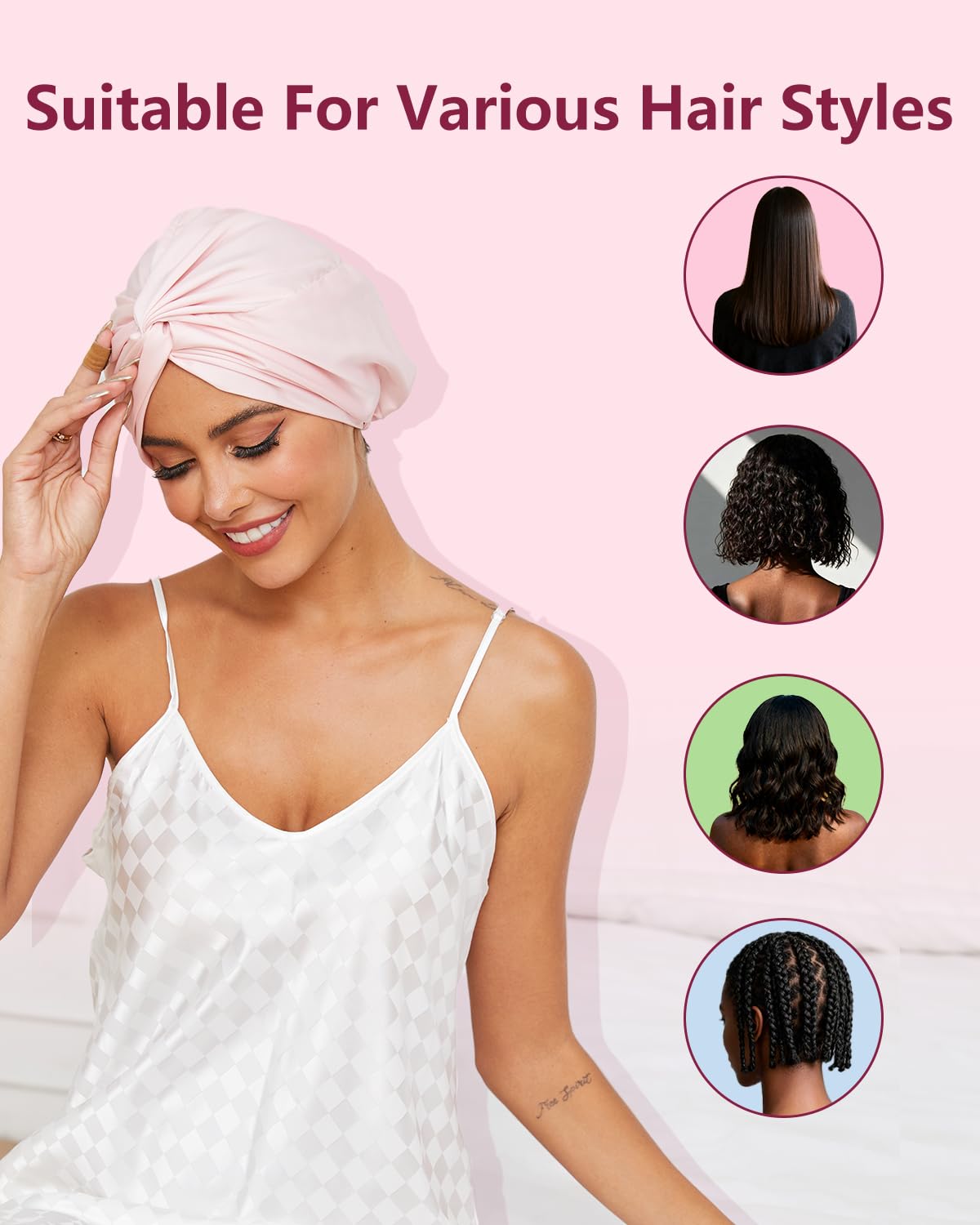 HFRHTGY bonnet on pillow in bedroom lifestyle setting illustrating polished morning hair benefit