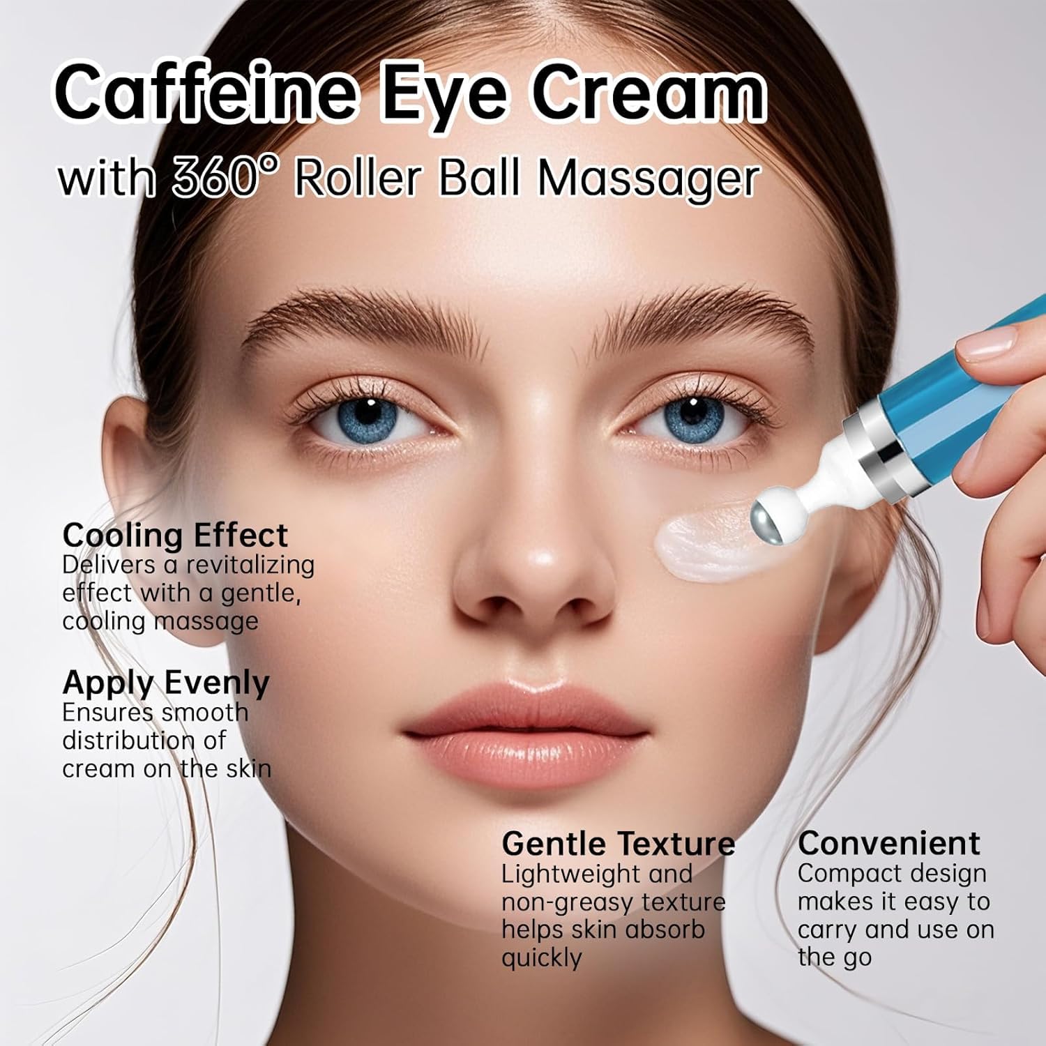 HGTG model applying eye cream illustrating reduced puffiness benefit
