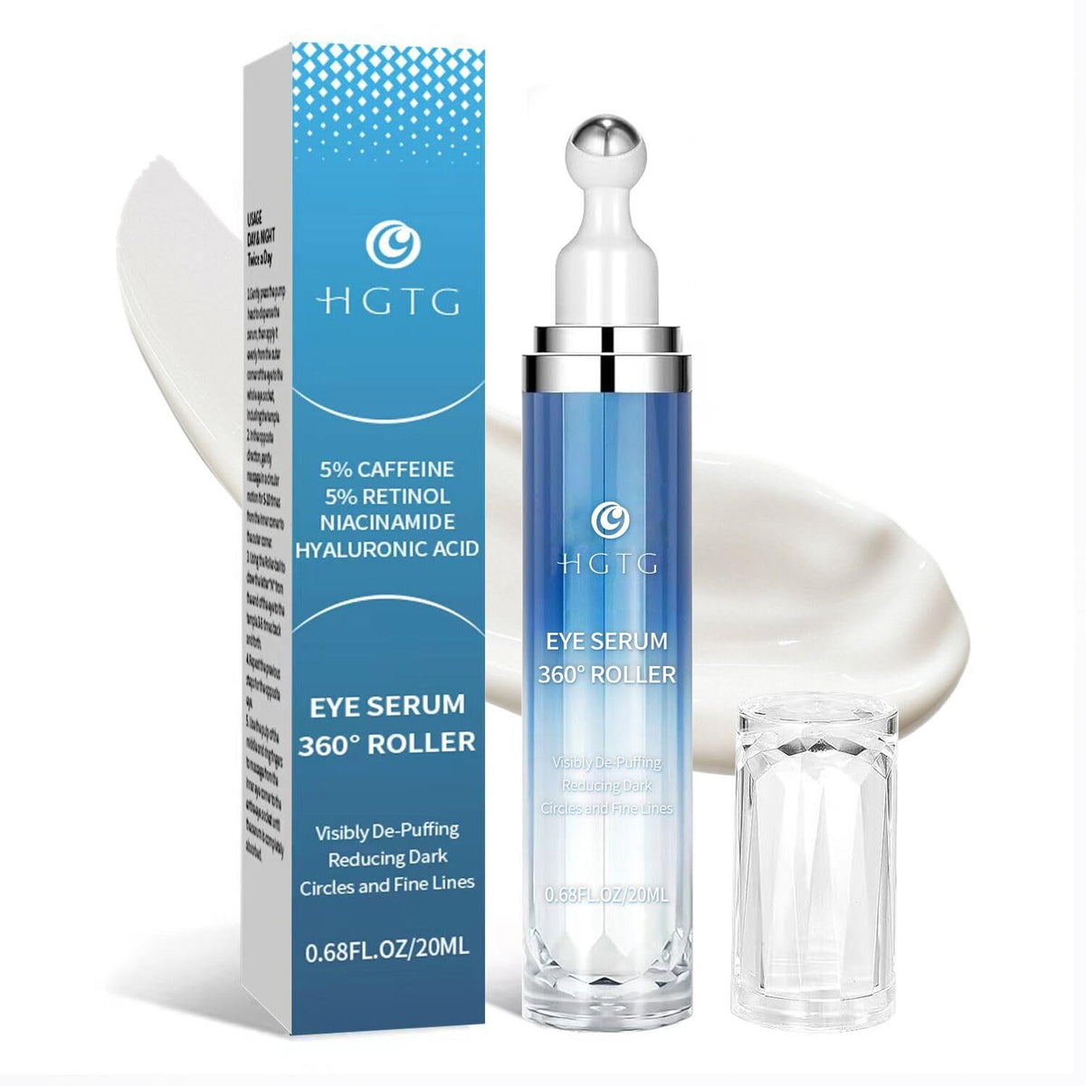 HGTG front packaging of eye cream showing label and rollerball benefit