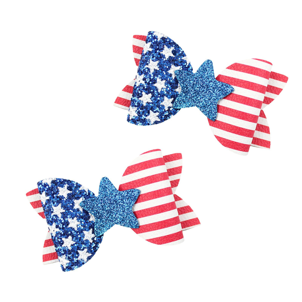 hhdatc front view of patriotic red white blue bow showing sparkle and neat finish