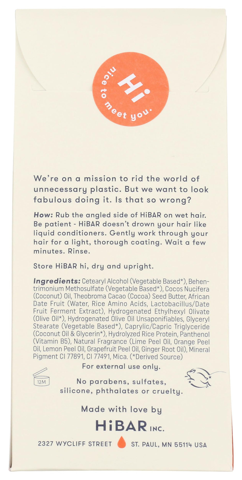 HiBAR back label with ingredient list visible and sustainability certifications for transparency