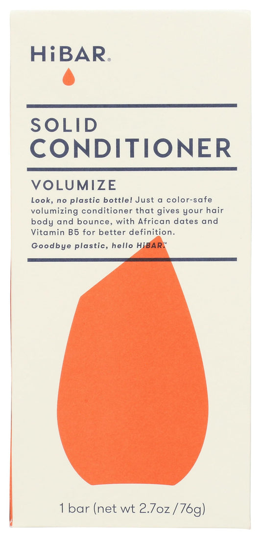 HiBAR front of Volumize conditioner bar showing compact plastic-free shape and clear branding