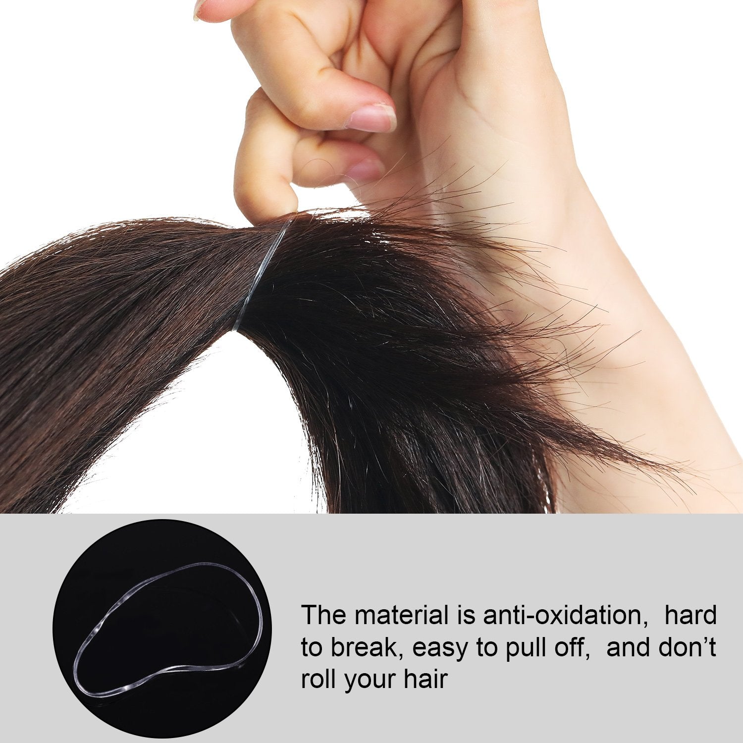 Hicarer clear bands securing a braid, offering discreet hold and finish