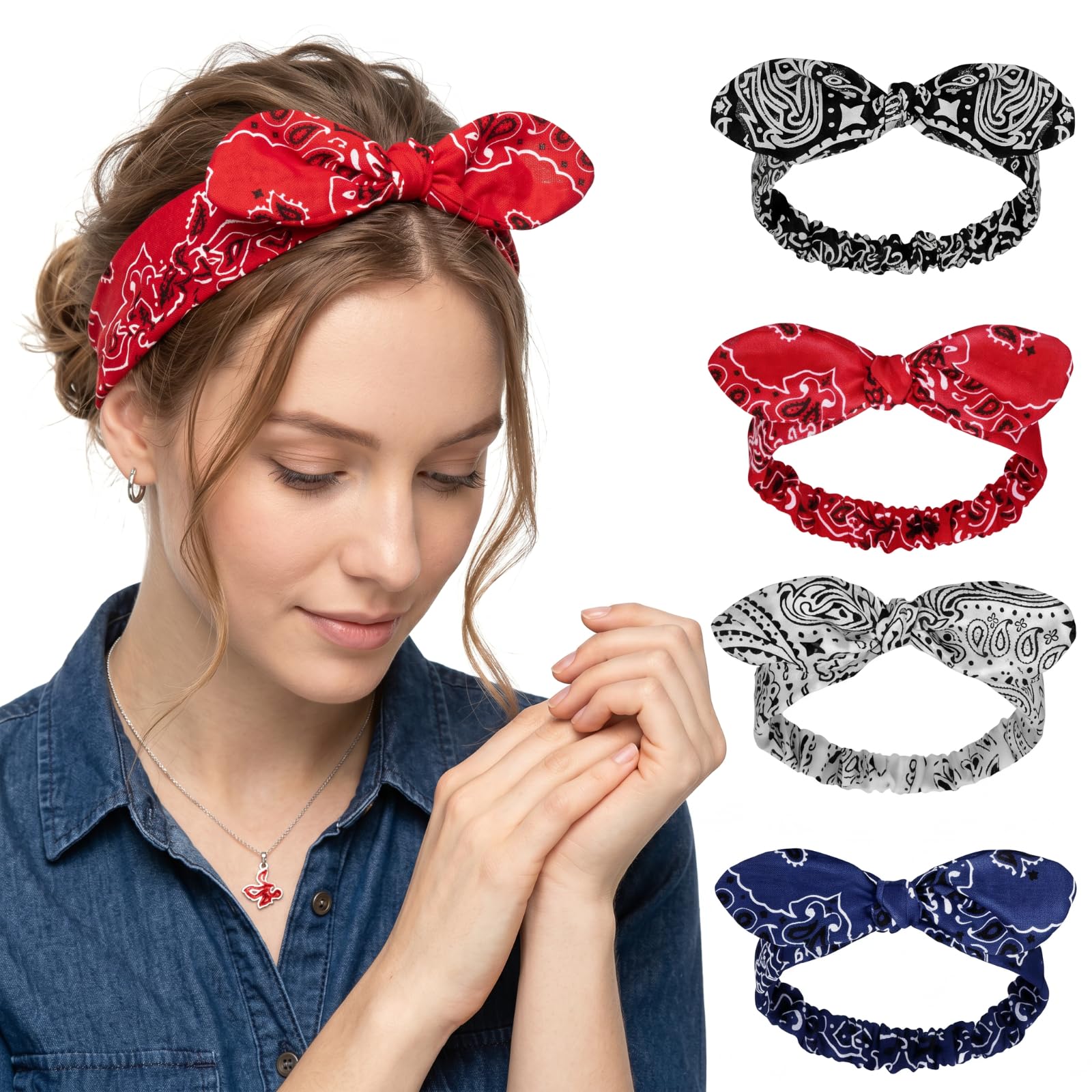 Hicarer front view of four headbands showing colors and packaging, easy outfit matching