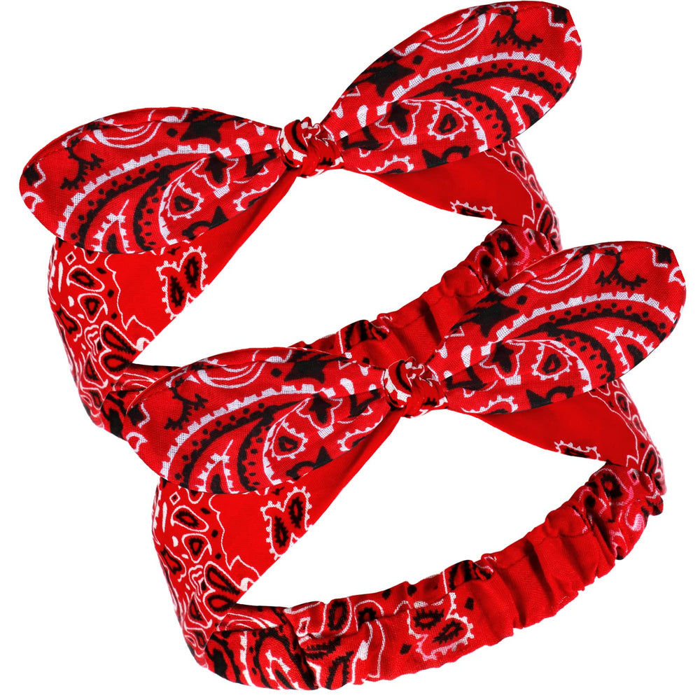 Hicarer front view of red paisley bandana headband showing knot and fabric benefit comfort
