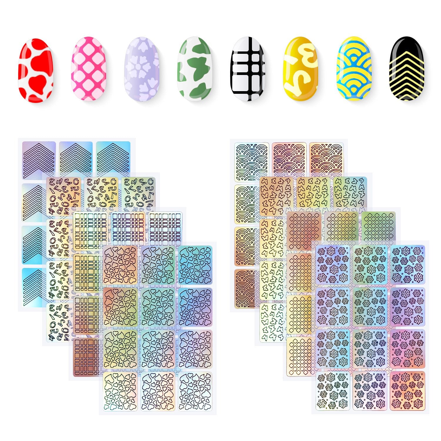 Hicarer close-up of one full sheet layout showing 12 pre-cut stencils for consistent nails