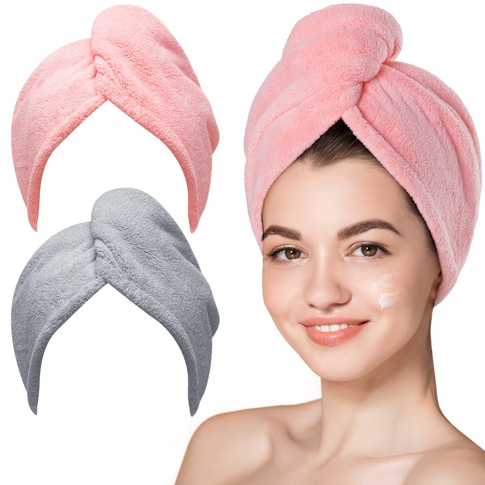 Hicober front view of pink and grey turban set showing compact pack benefit