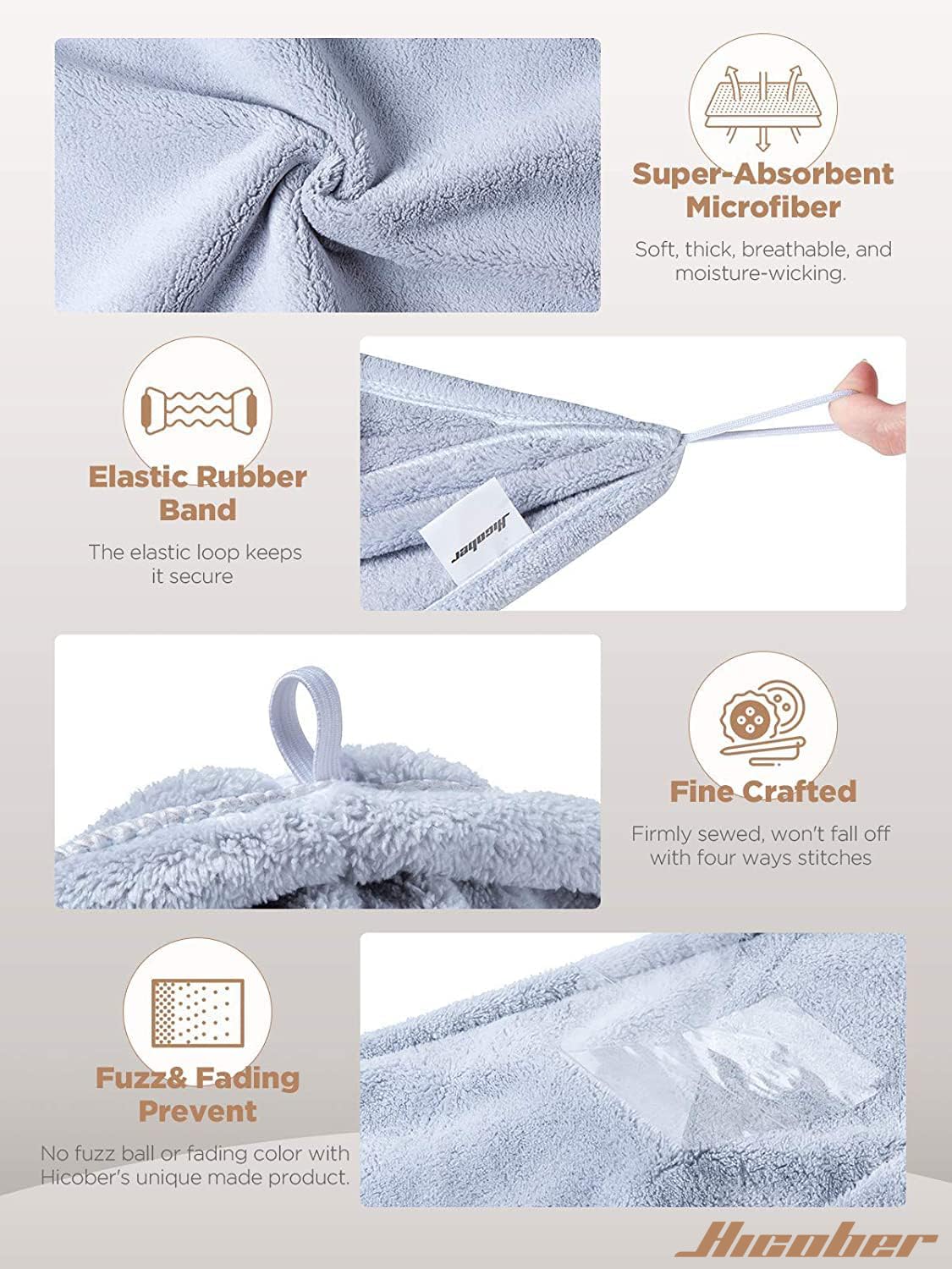 Hicober woman securing towel wrap in bathroom for hands-free drying benefit