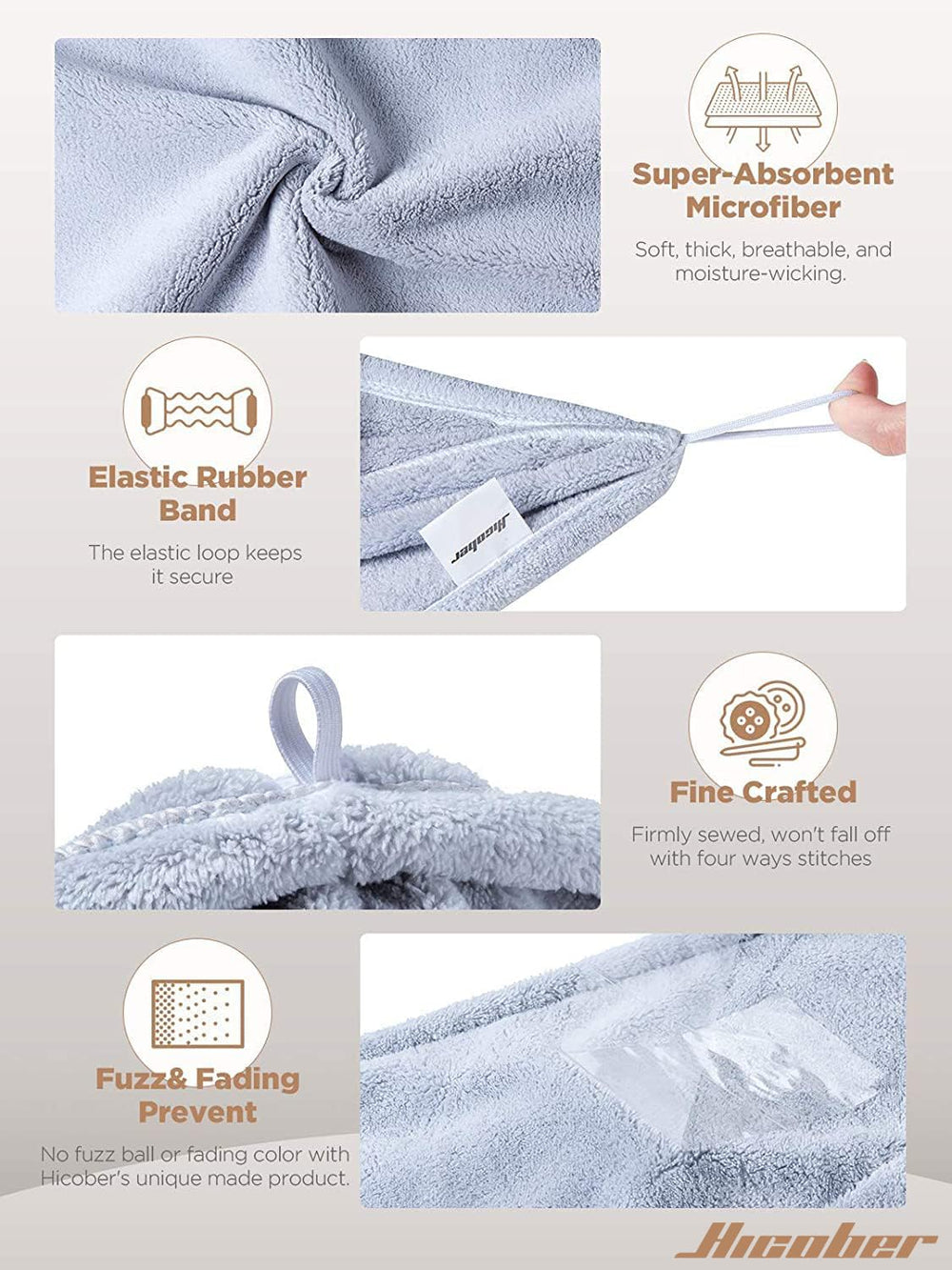 Hicober woman securing towel wrap in bathroom for hands-free drying benefit