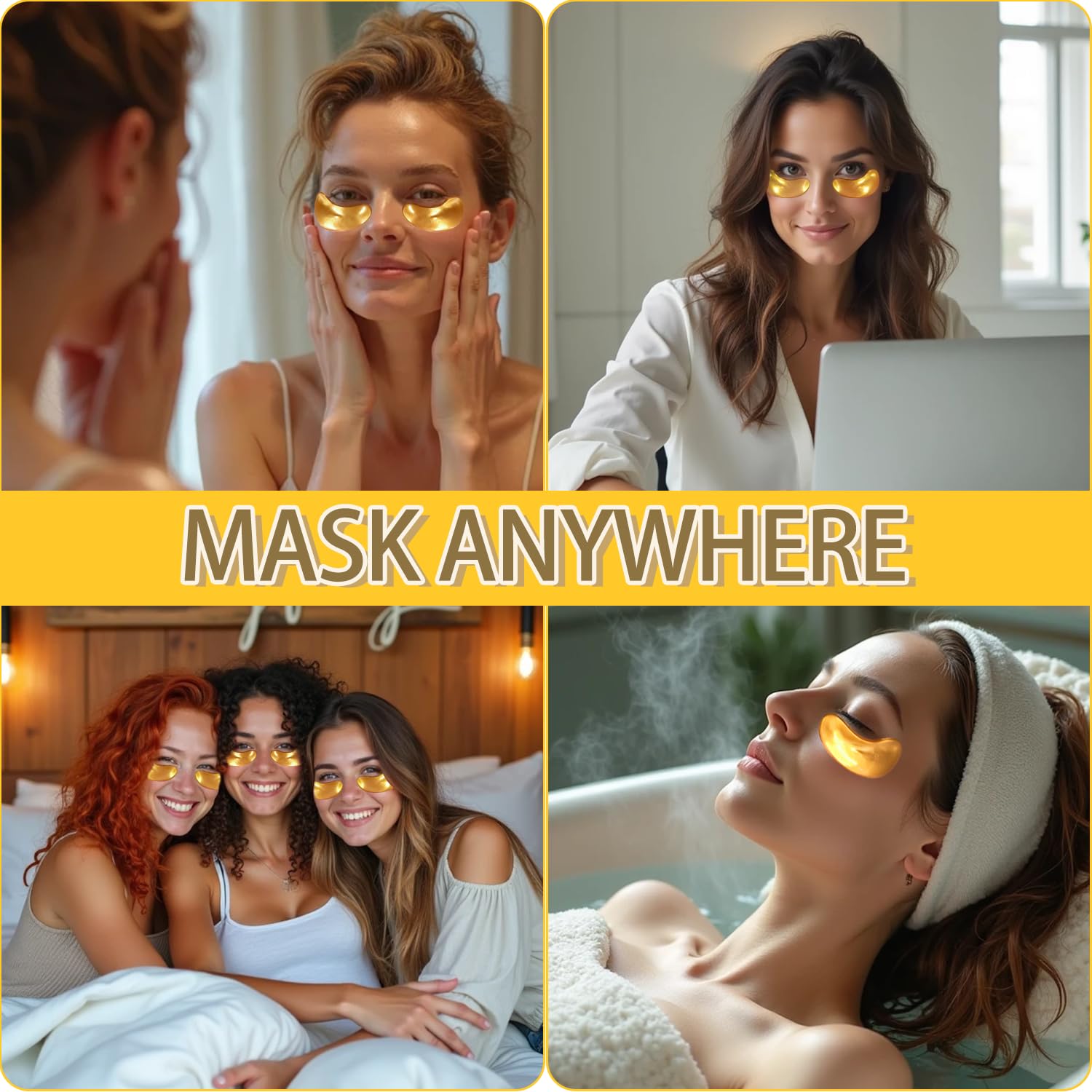 Hicream lifestyle image of woman applying patch to reduce puffiness