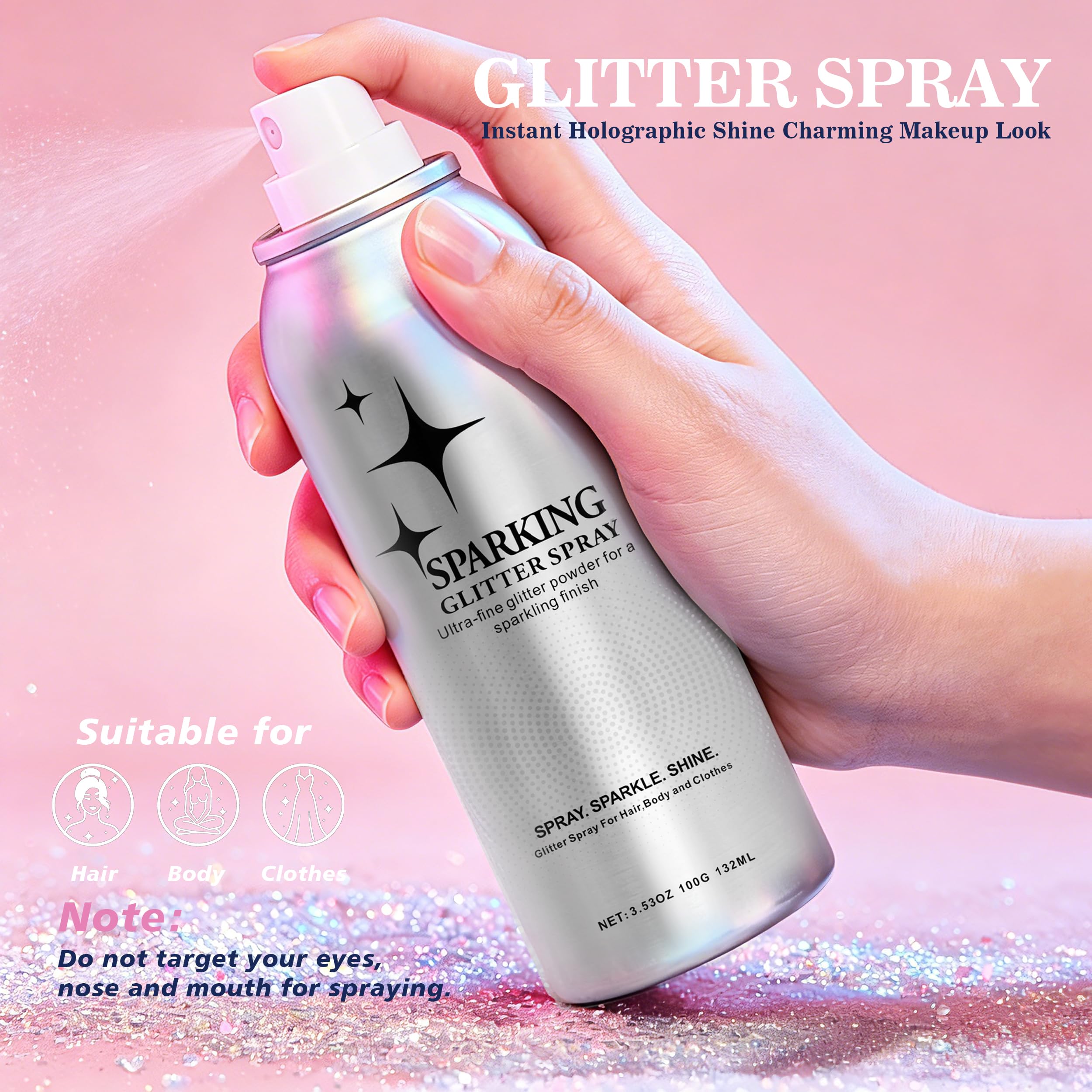 HIESGIE spray applied to hair demonstrating quick-dry sparkle benefit