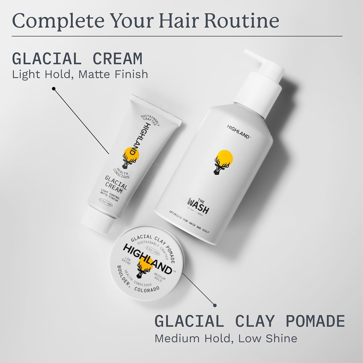 Highland bundle lifestyle bathroom setup conveying clean, spa-like routine