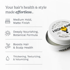 Highland Glacial Clay Pomade open jar showing matte texture for styling