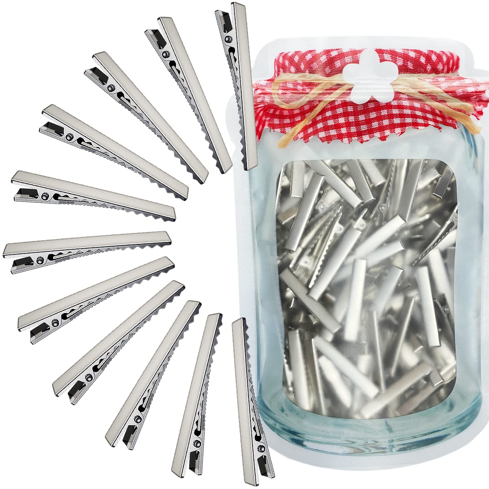 HiJeaton front packaging showing 150pcs metal alligator clips, organized and economical