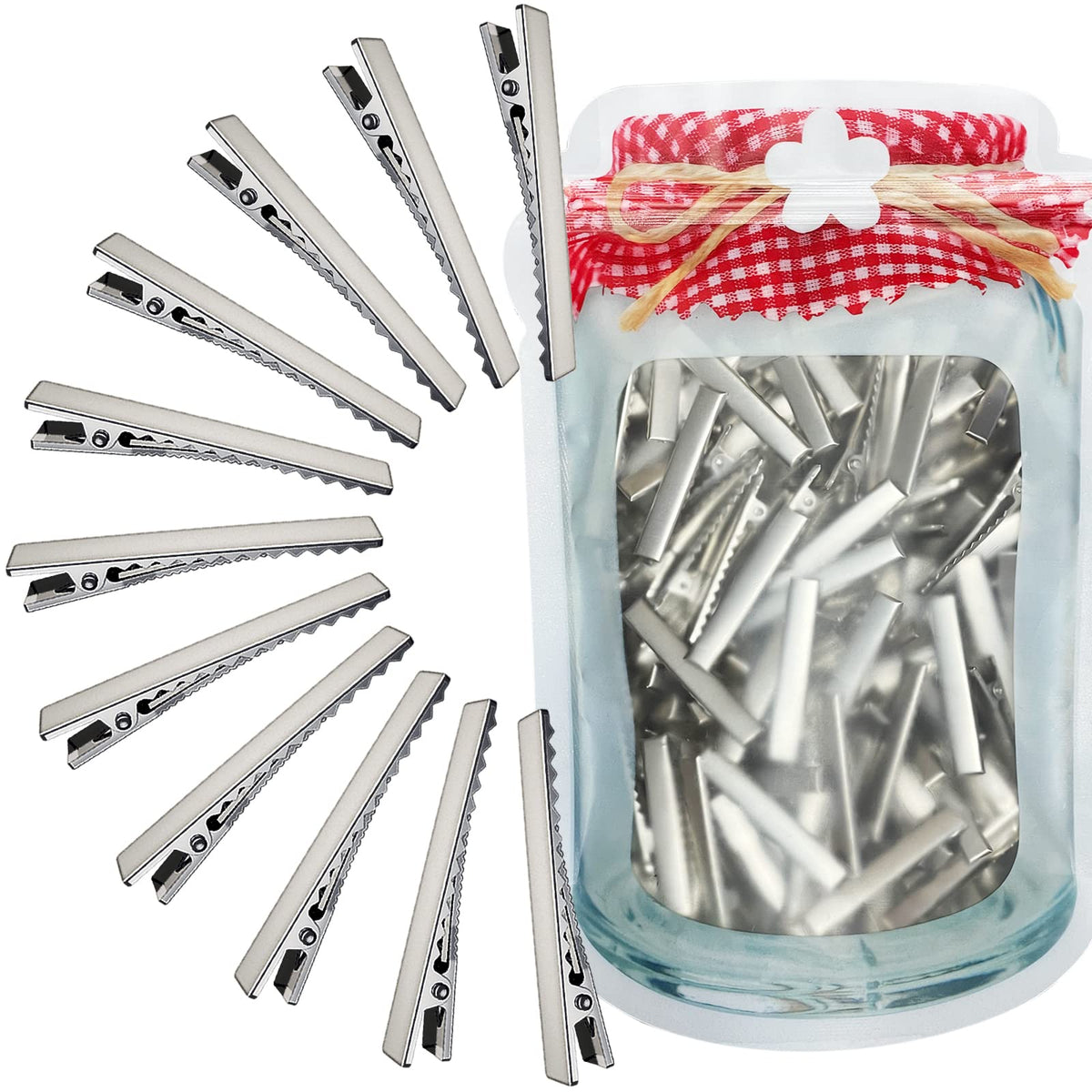 HiJeaton front packaging showing 150pcs metal alligator clips, organized and economical
