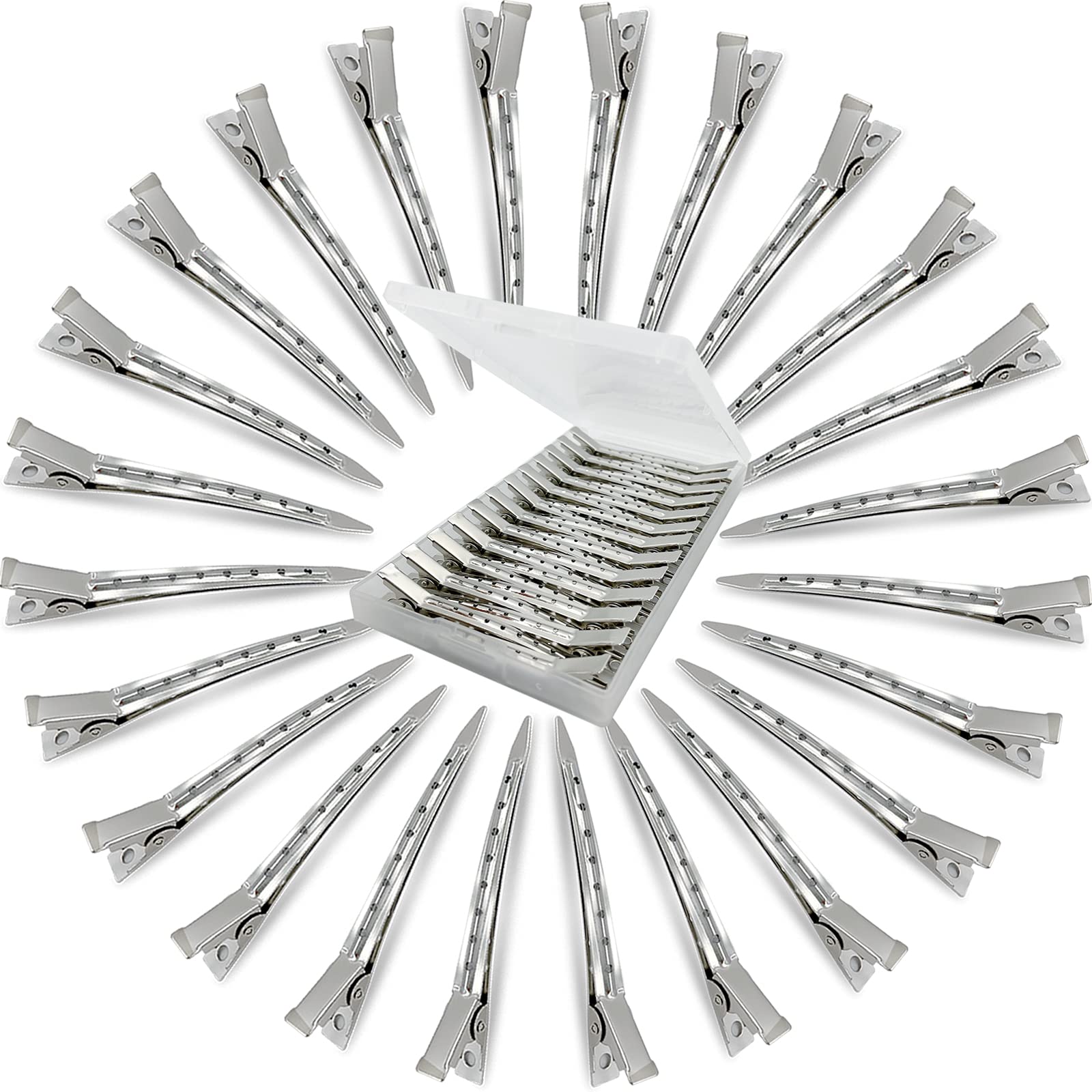 HiJeaton front packaging showing 24 metal duck-billed clips and storage box, durable convenience