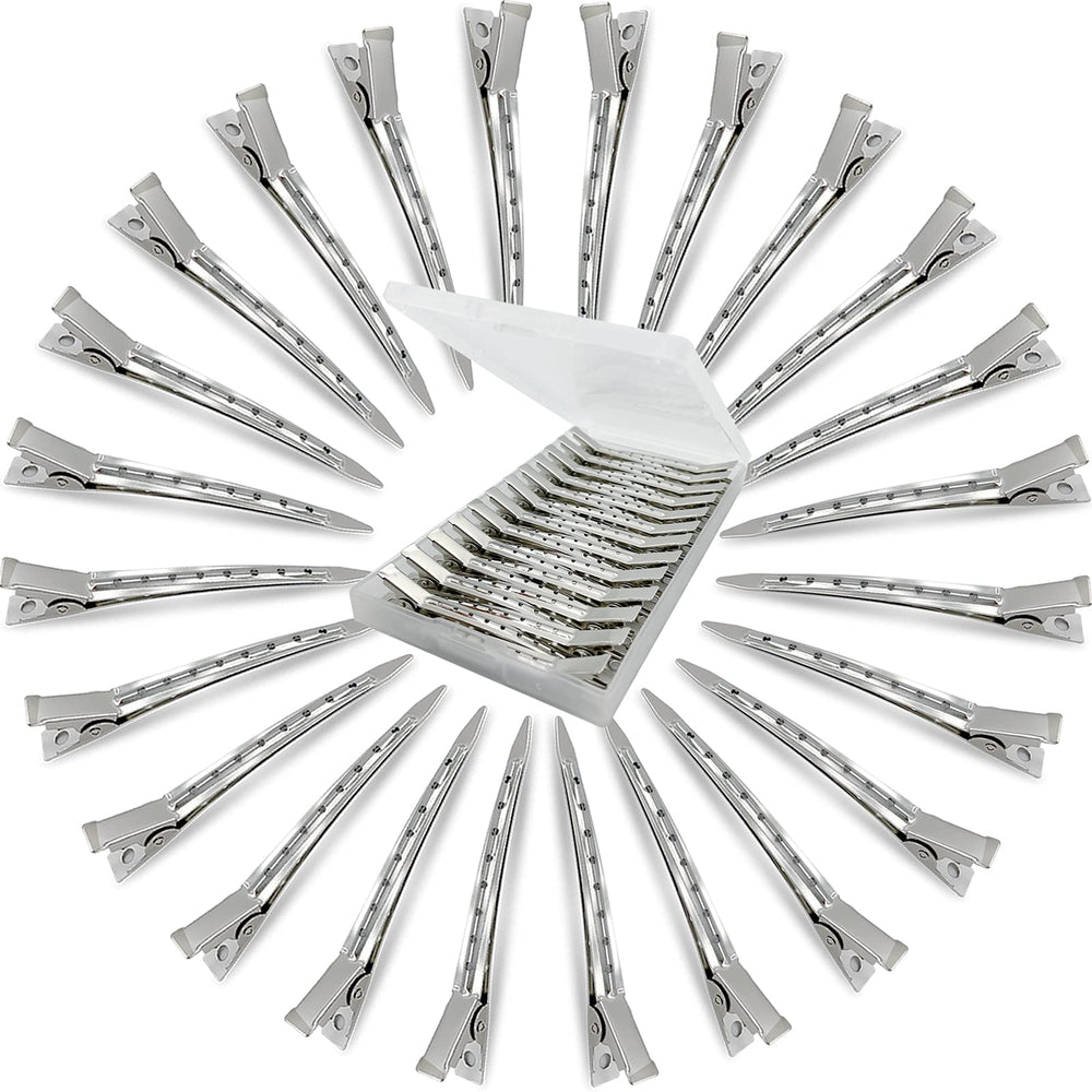 HiJeaton front packaging showing 24 metal duck-billed clips and storage box, durable convenience
