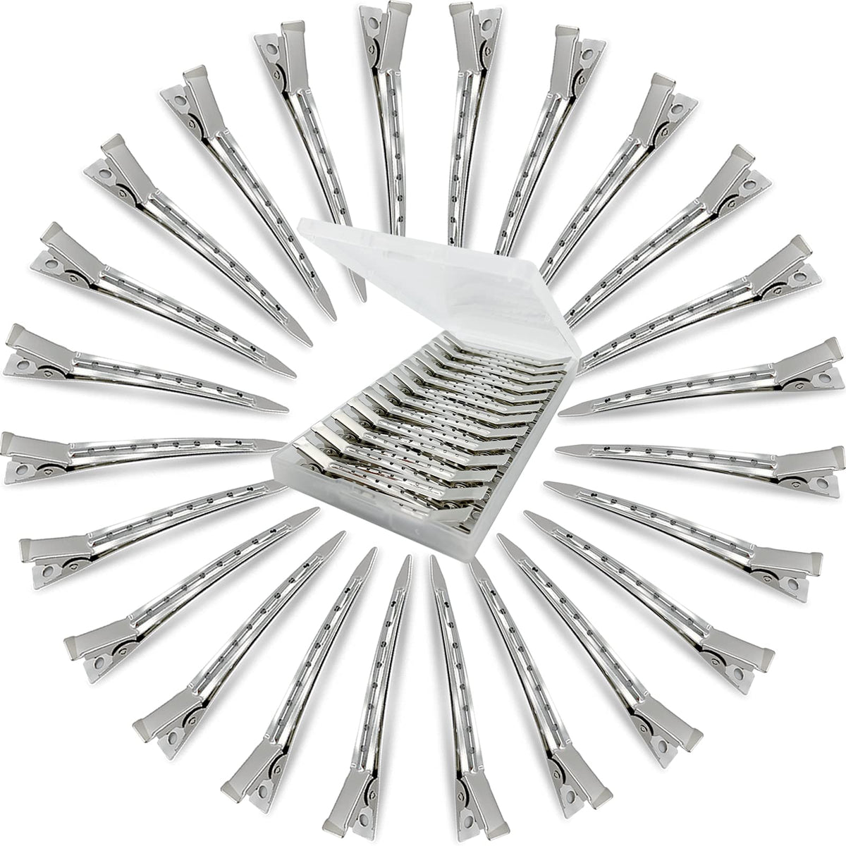 HiJeaton front packaging showing 24 metal duck-billed clips and storage box, durable convenience