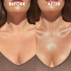 Hilareco application on shoulder demonstrating seamless shimmer and enhanced radiance