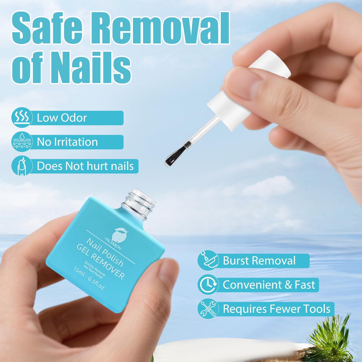 HiLemon being applied to a nail, illustrating quick softening to speed at-home removal
