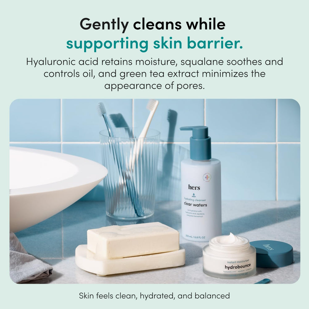 HIMS & HERS Clear Waters with green tea leaves highlighting calming antioxidant