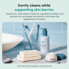HIMS & HERS Clear Waters with green tea leaves highlighting calming antioxidant