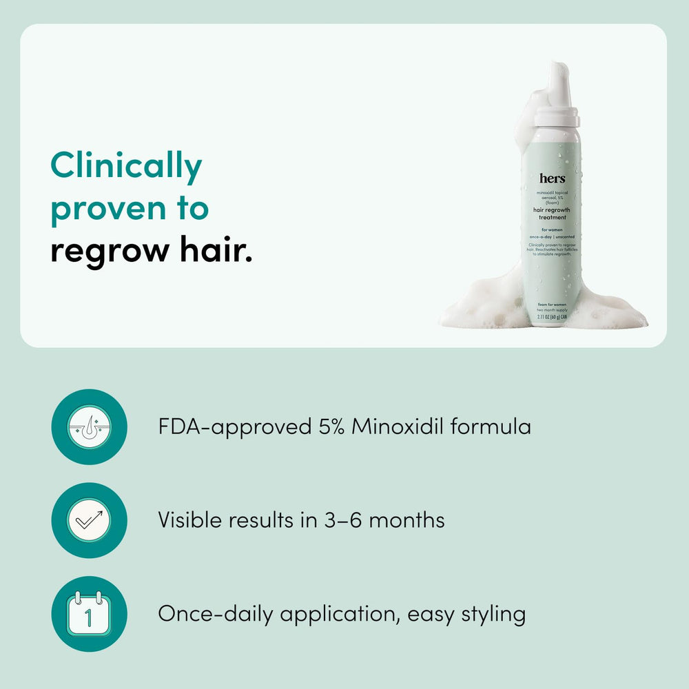 HERS shampoo pump close-up illustrating easy dispensing and volumizing benefit