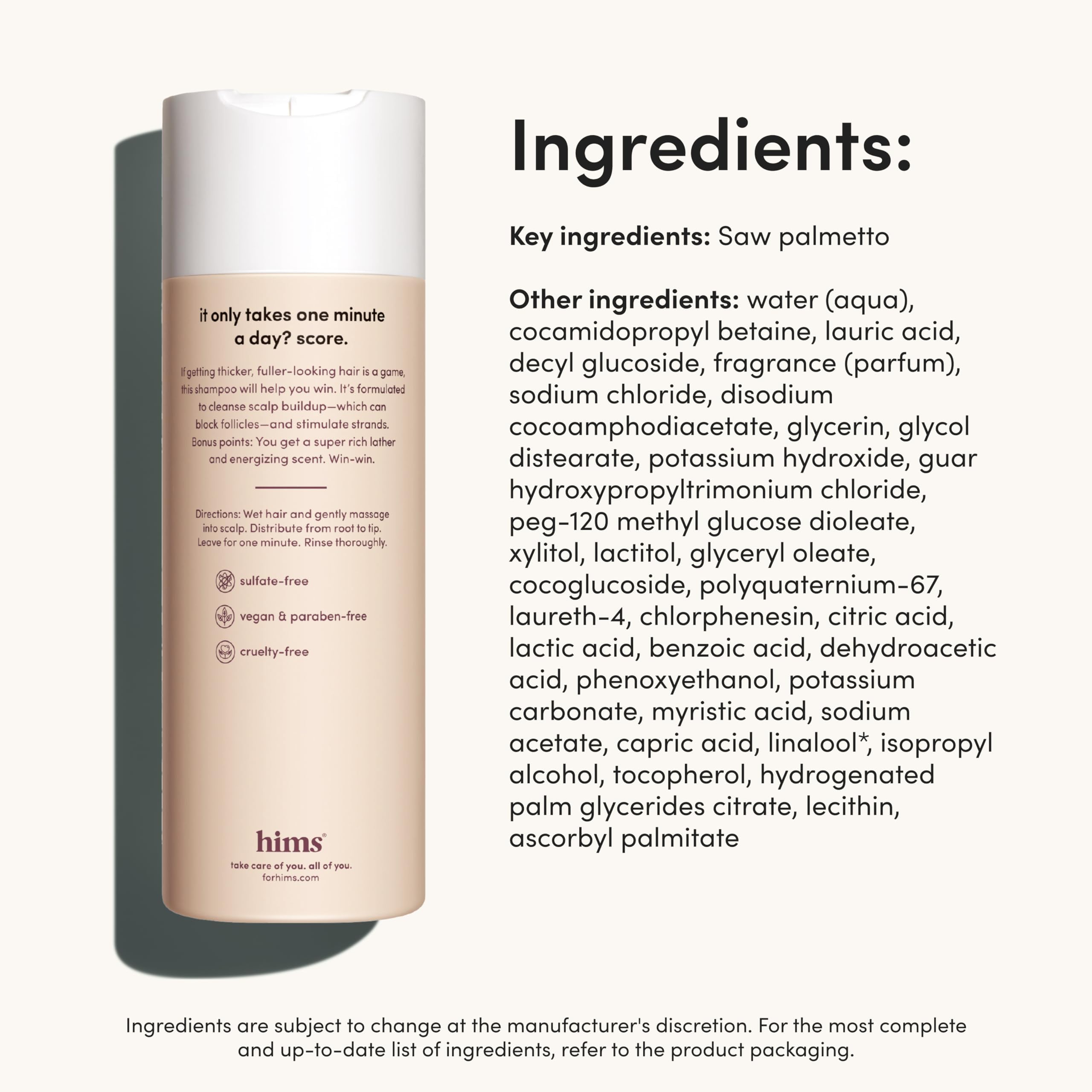 hims shampoo pump close-up highlighting lathering action and gentle cleanse benefit