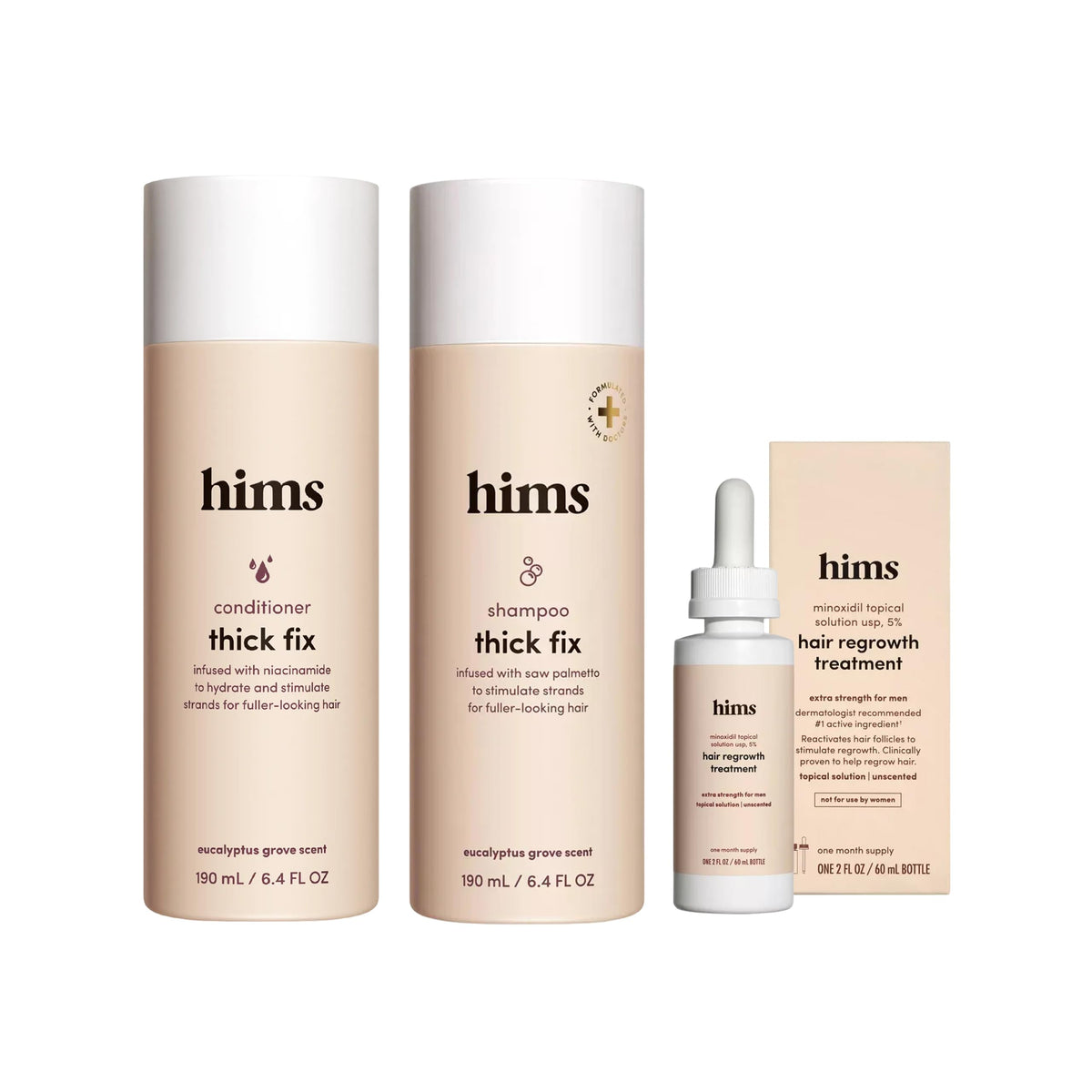 hims front packaging of shampoo and conditioner showing eucalyptus scent and benefit