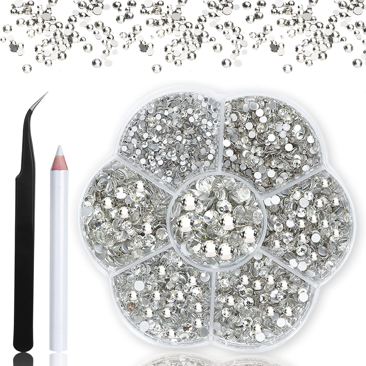 HINABTRU box contents showing 3150 rhinestones and tools for easy selection
