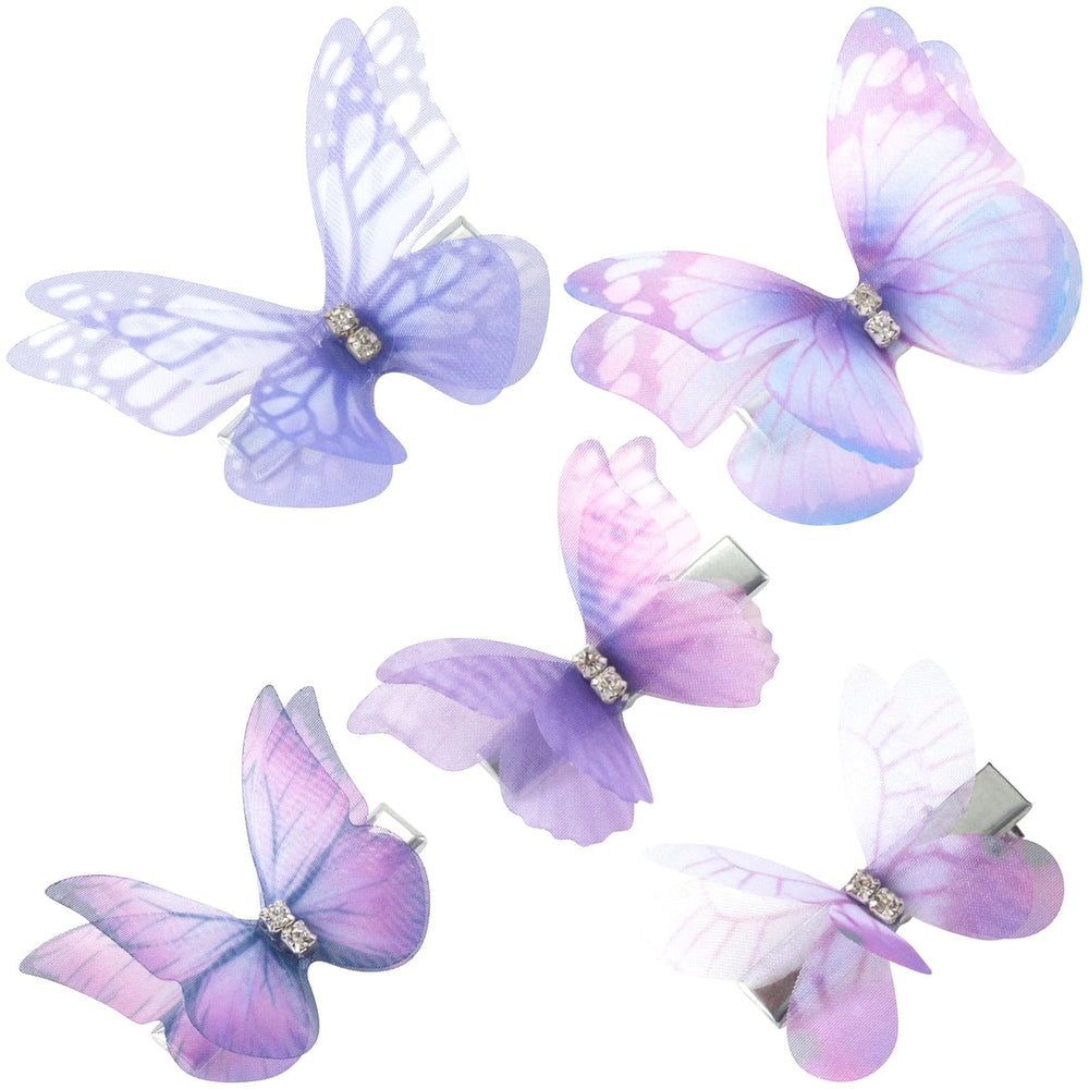 HINZIC front view of five purple butterfly clips shows wearable sparkle