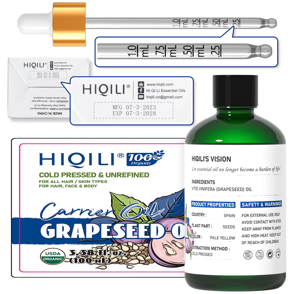 HIQILI ingredient label close-up showing cold-pressed grapeseed listing for transparency benefit
