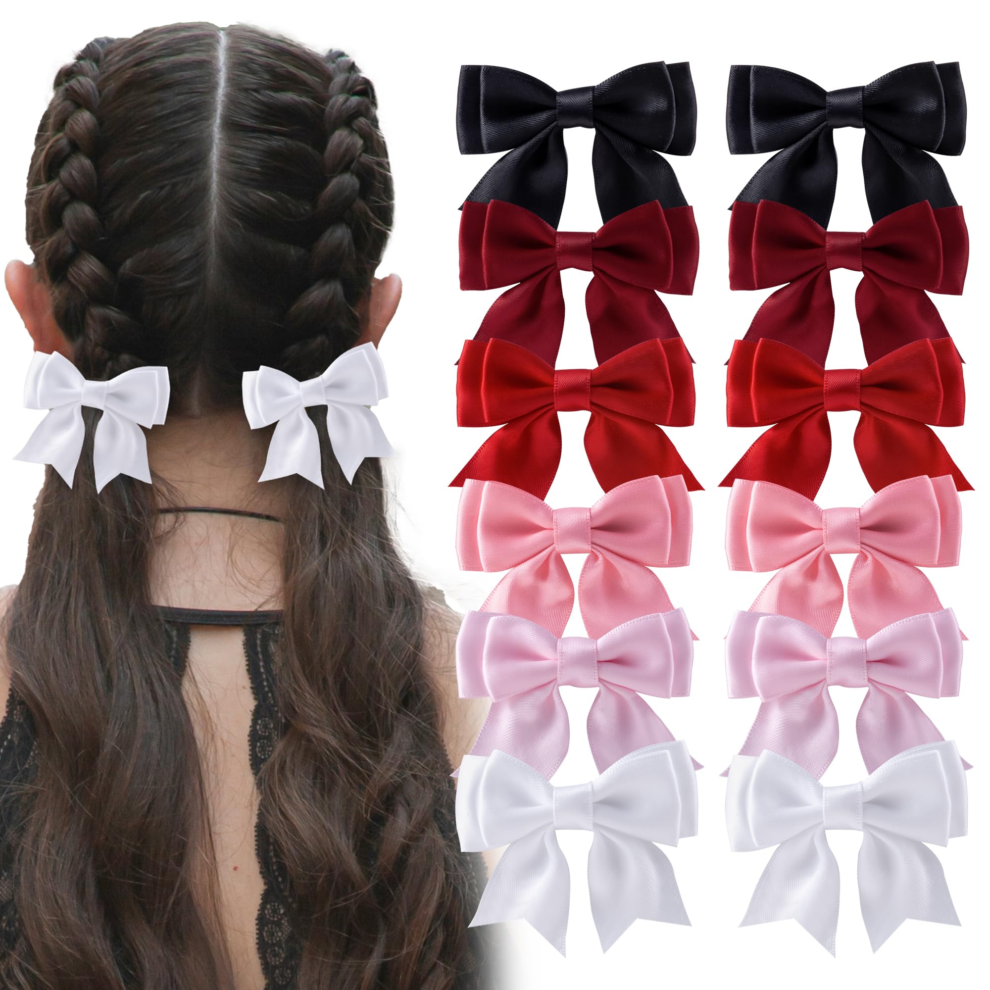 hisial front packaging showing 12 satin bow clips and colorful set benefit