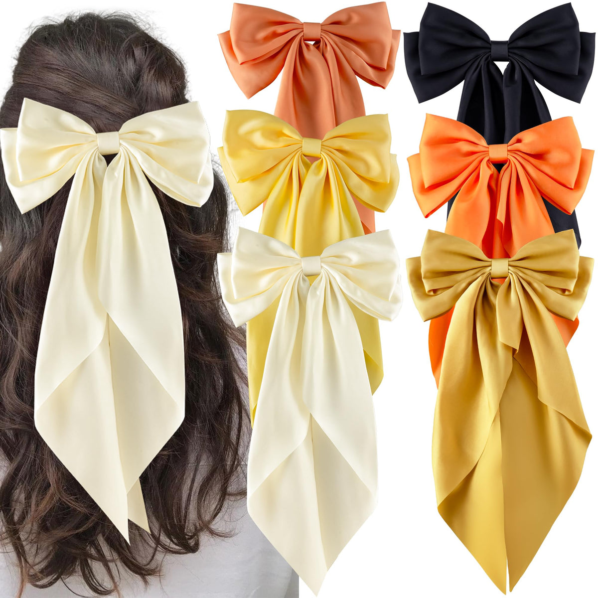 hisial front view of six large satin bow clips showing colors and packaging, stylish gift-ready