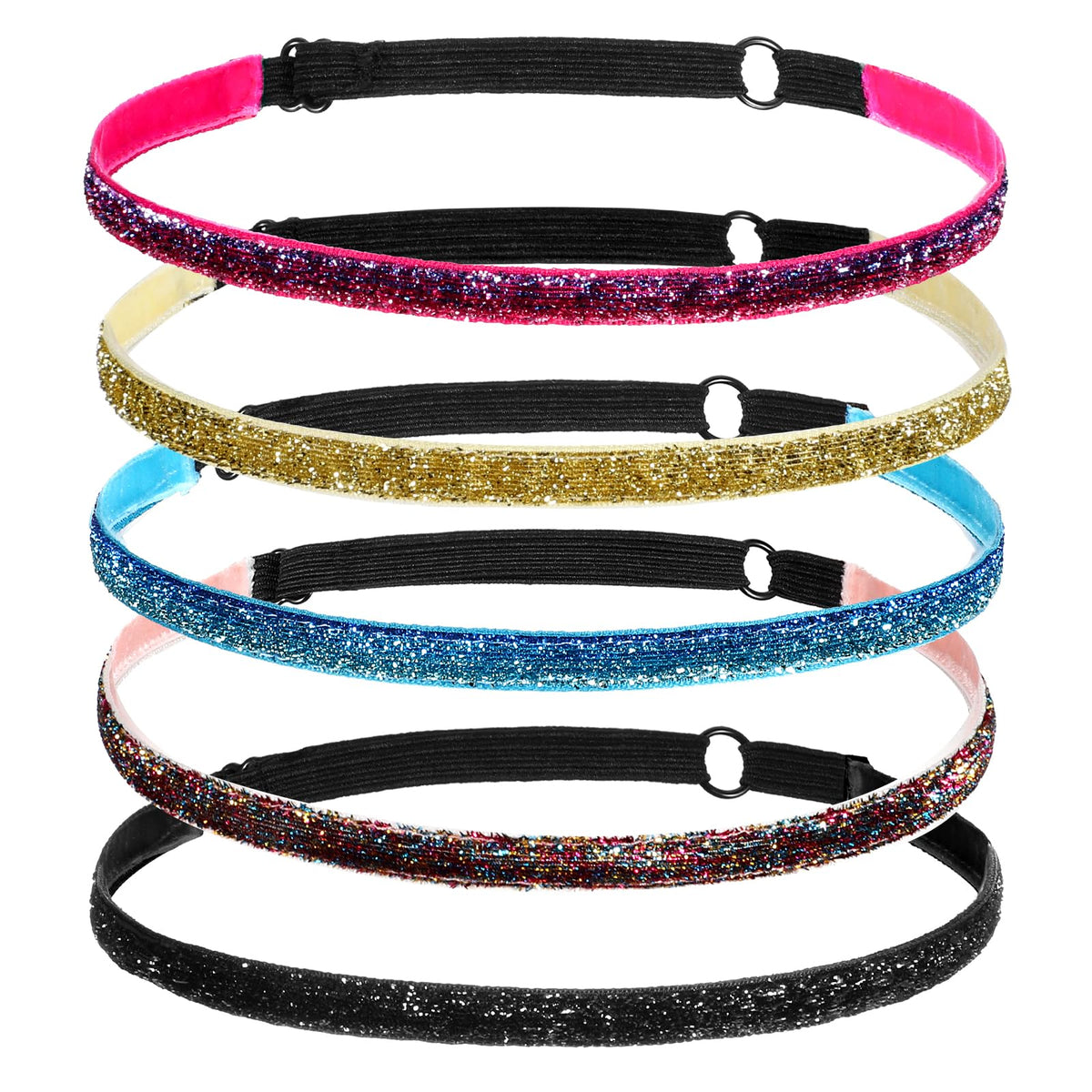 HJZHII front packaging showing five colorful glitter headbands and product variety