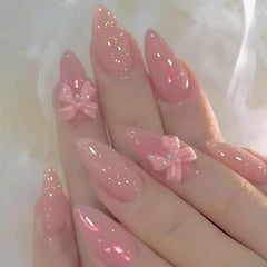 Hkanlre front packaging showing 24PCS pink bow nails for instant manicure