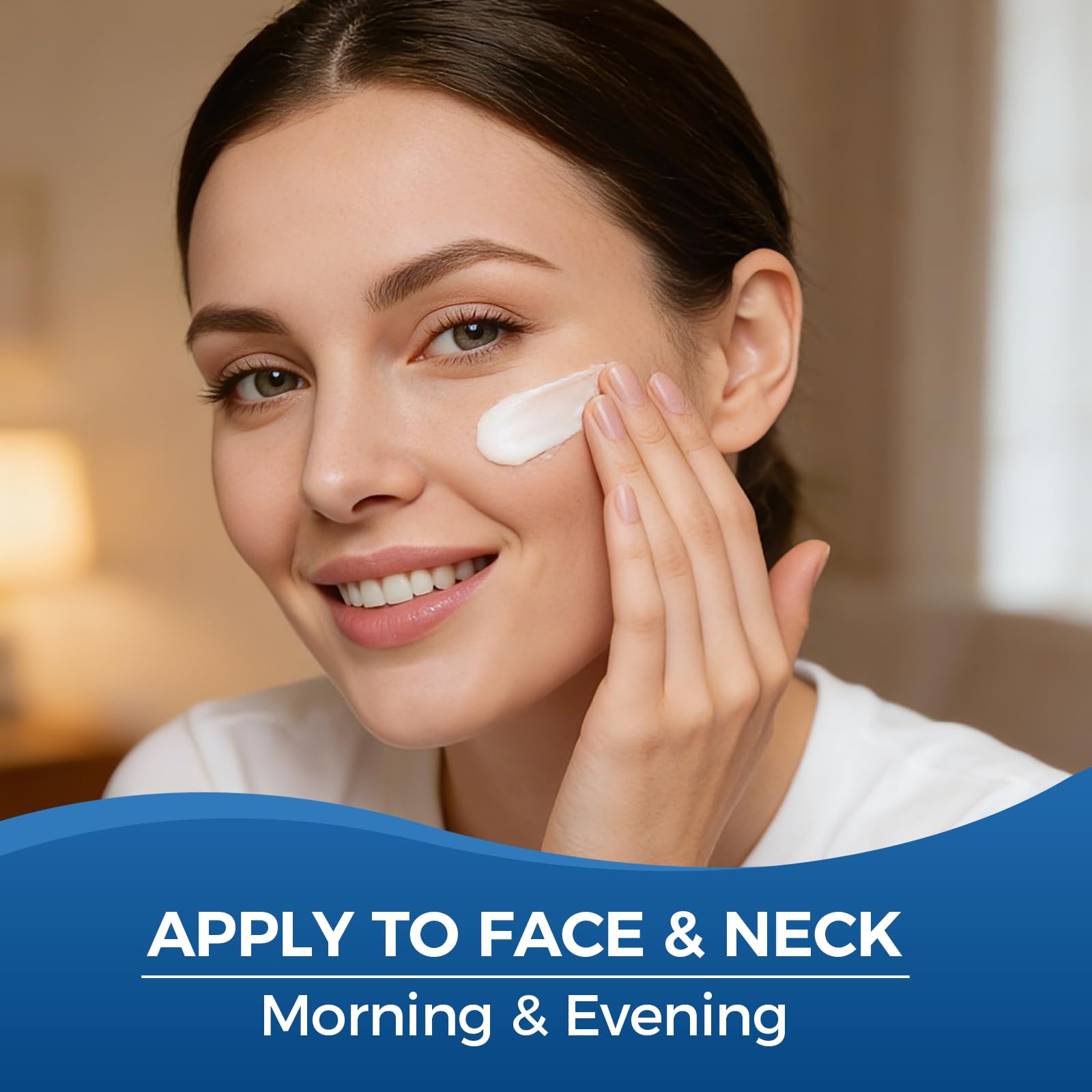 Hlonns face and neck usage model applying cream to support smoother-looking skin