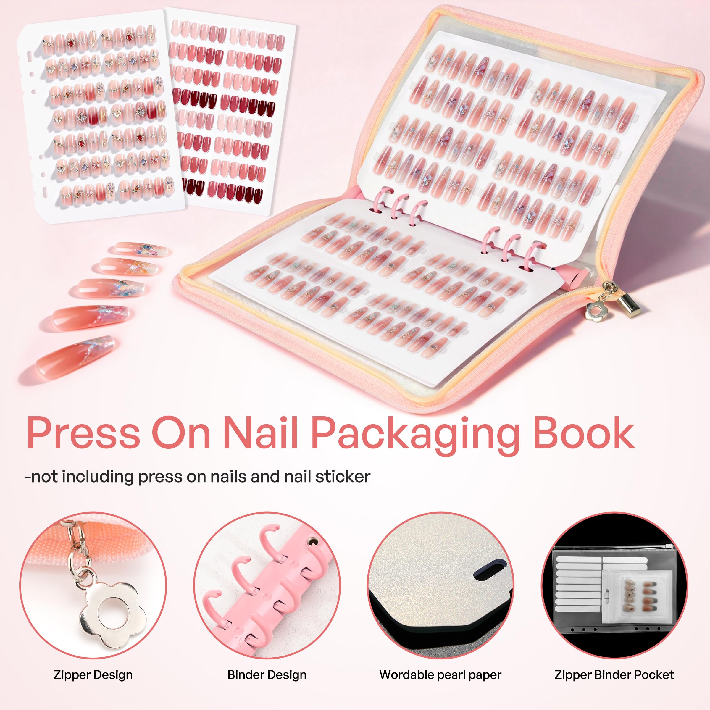 HLQHXWHZT book opened showing press-on nail sets for quick client viewing