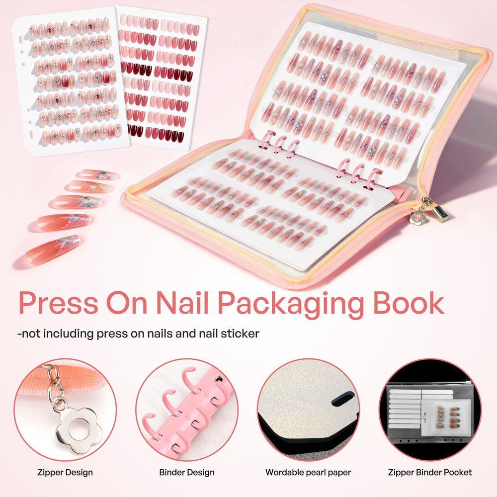 HLQHXWHZT book opened showing press-on nail sets for quick client viewing